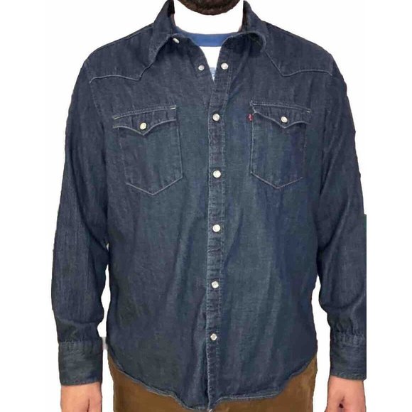 Levis Barstow Western Shirt Men XL Blue Denim Dark Wash Long Sleeve Pearl Snaps - Picture 1 of 7